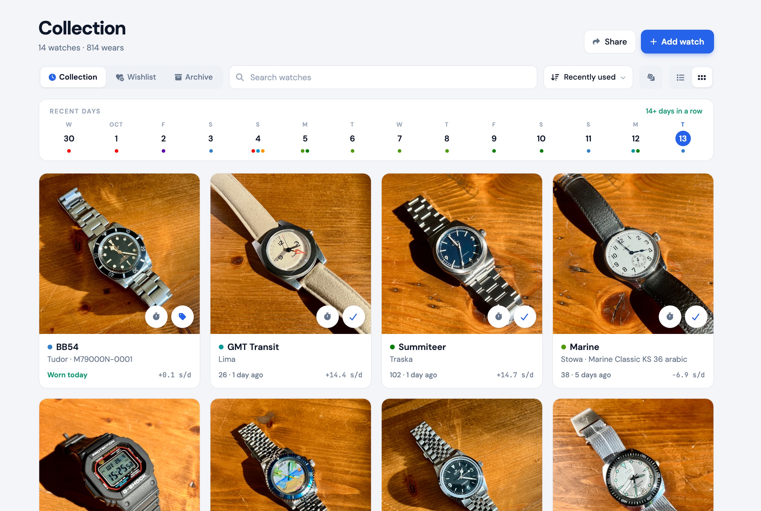 WristLog main screen